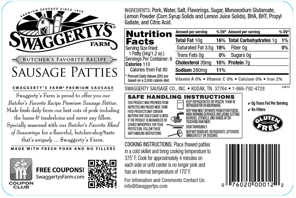 Swaggerty's Farm 12oz Pork Sausage Patties - Nutrition Facts