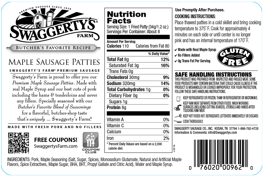 Swaggerty's Farm 12oz Maple Pork Sausage Patties - Nutrition Facts